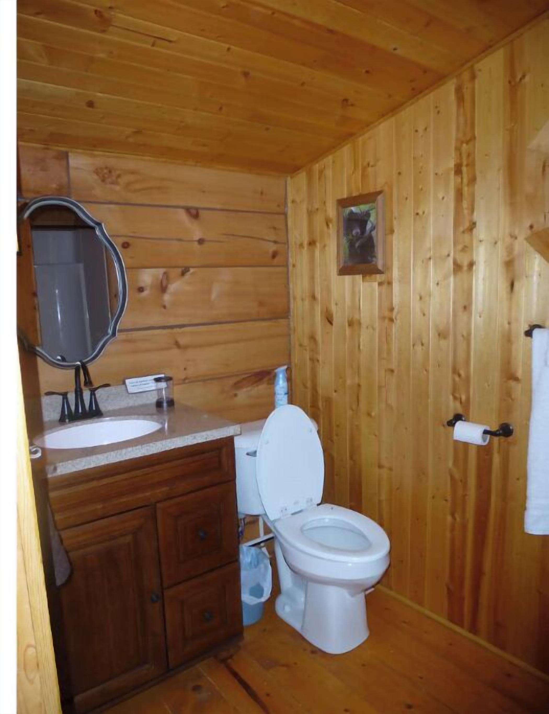 A wooden-paneled bathroom with a sink, mirror, toilet, and wooden cabinets.