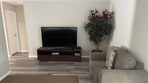 Una sala de estar con un televisor de pantalla plana sobre un soporte de madera, un sofá gris, un tapete marrón y una planta en maceta.
