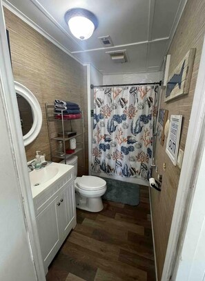 Combined shower/tub, towels, toilet paper