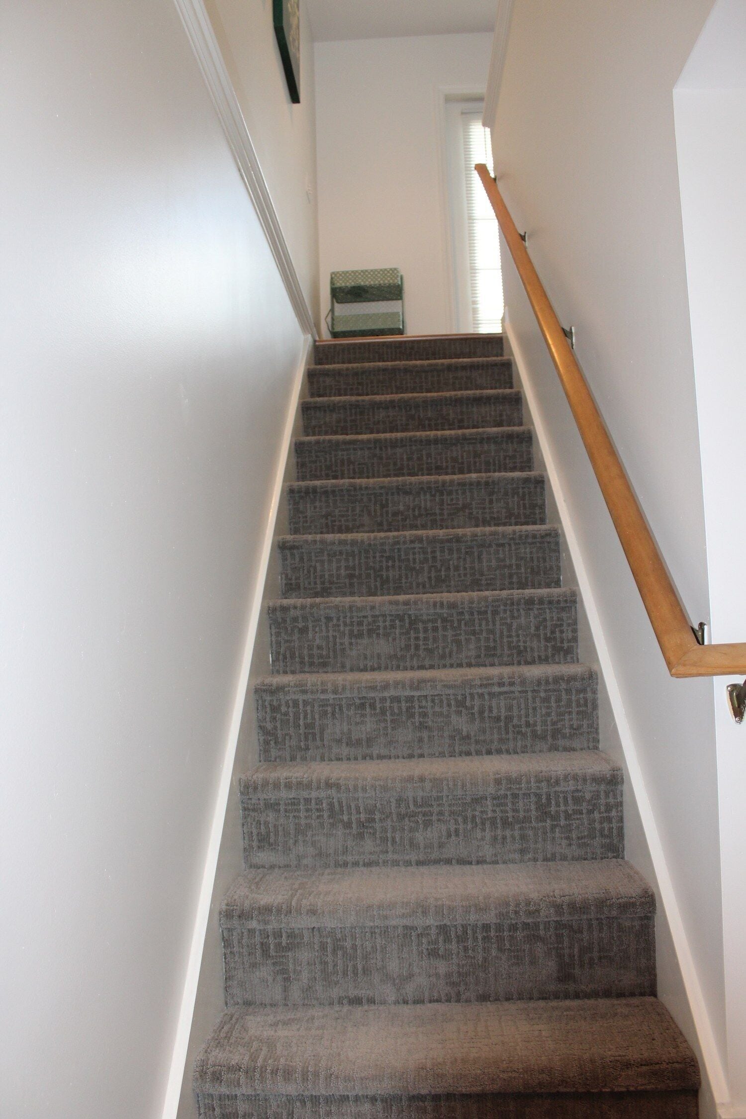 Een trap met beklede treden en een houten leuning, die leidt naar een kamer met een deur en een raam.