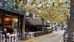 Une rue pavée bordée de terrasses et de bâtiments aux toits de chaume.