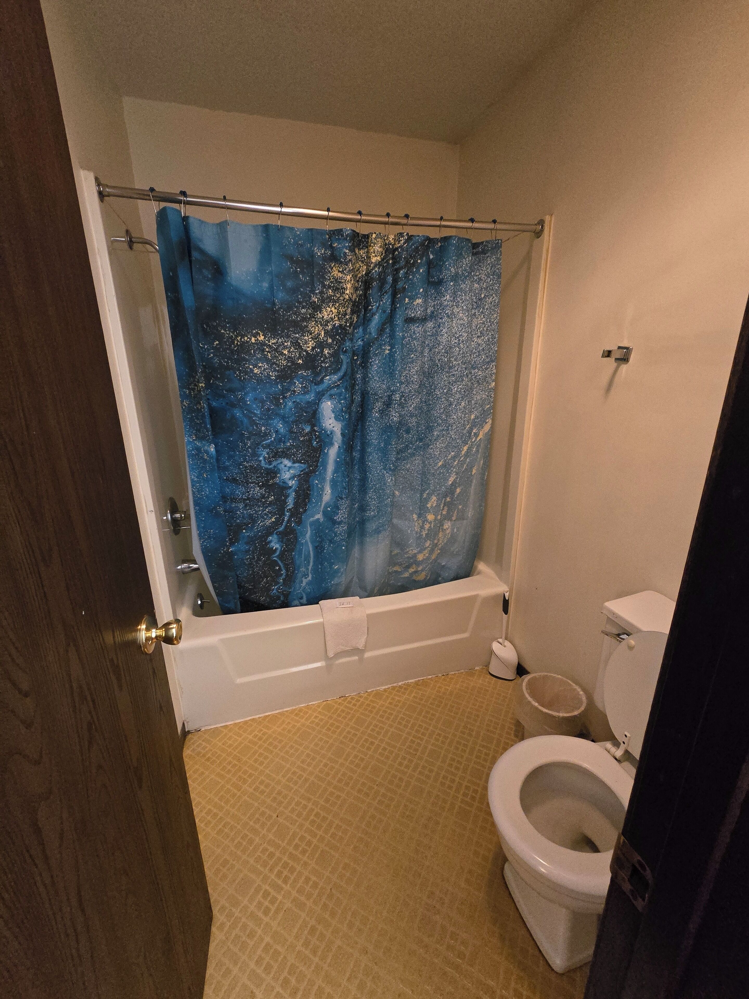Une salle de bain avec une baignoire, des toilettes et un rideau de douche.