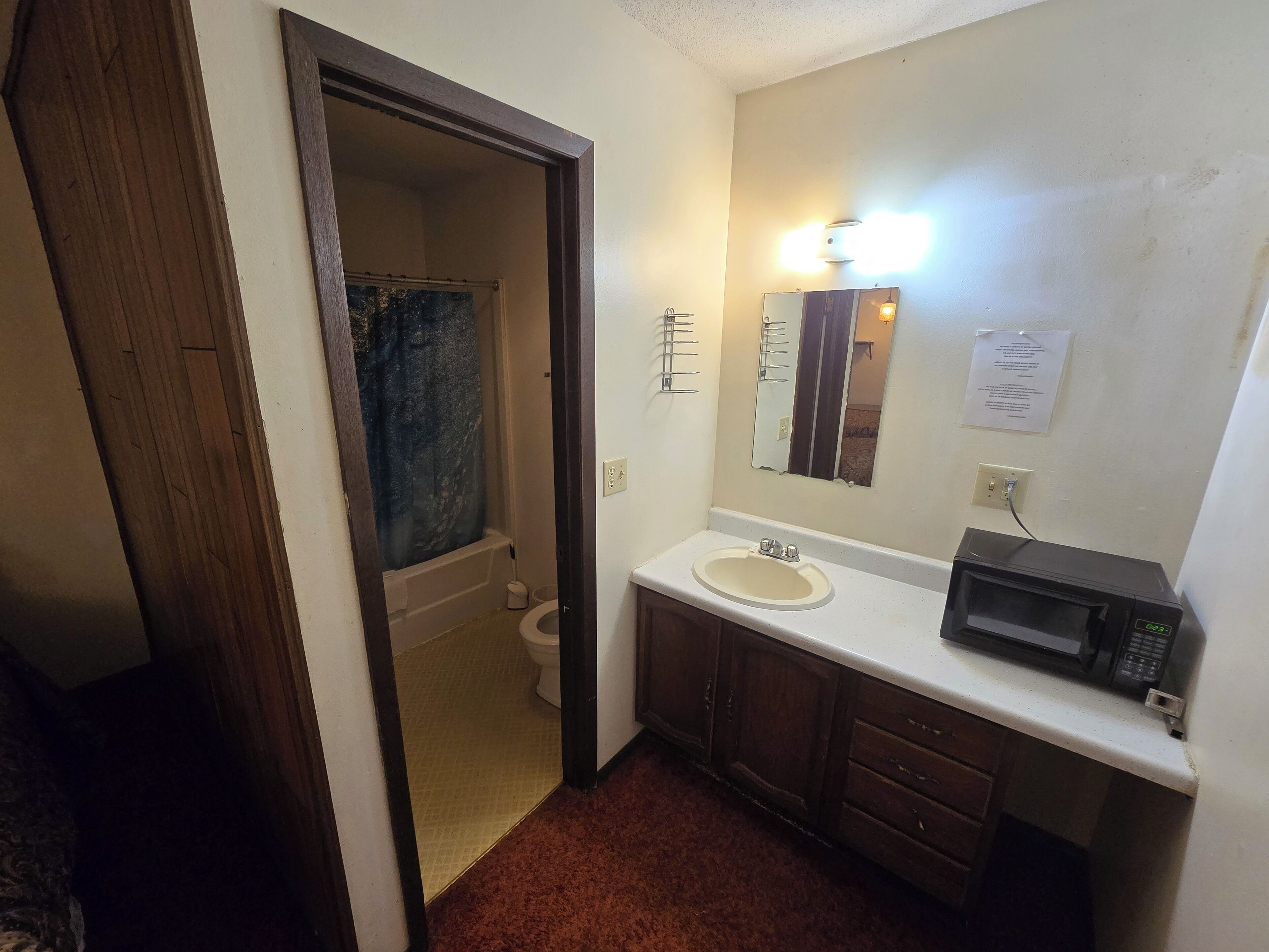 A small bathroom with a toilet, sink, and a microwave on the countertop.