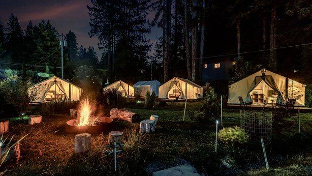 A campsite with several tents, a central fire pit, and surrounding trees. - Surrey Resort  (Guerneville)
