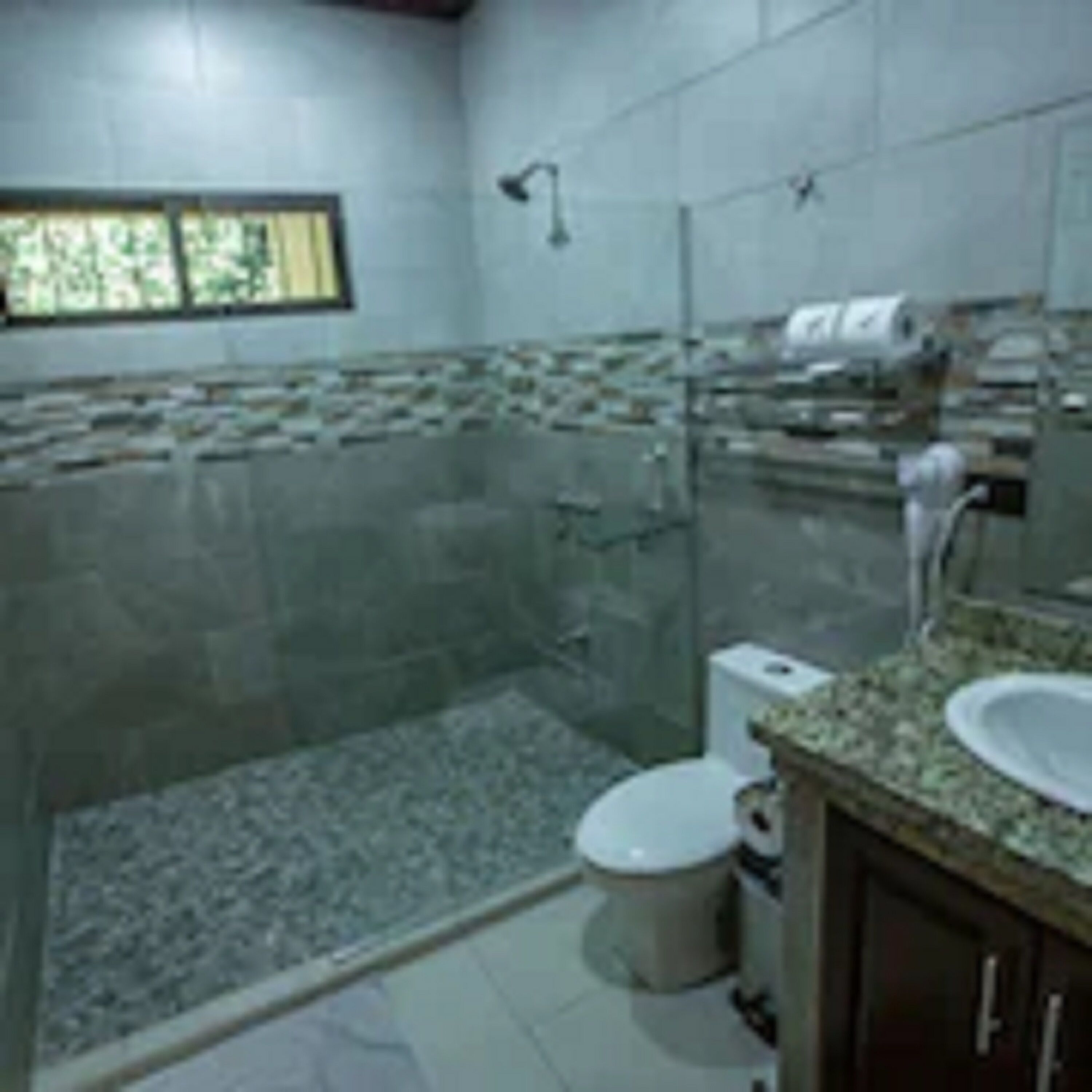 A bathroom with a glass-enclosed shower, a toilet, and a sink with a granite countertop.