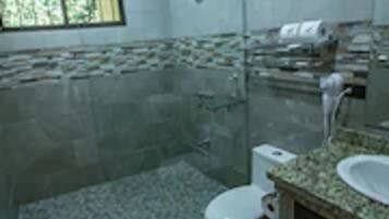 A bathroom with a glass-enclosed shower, a toilet, and a sink with a granite countertop.