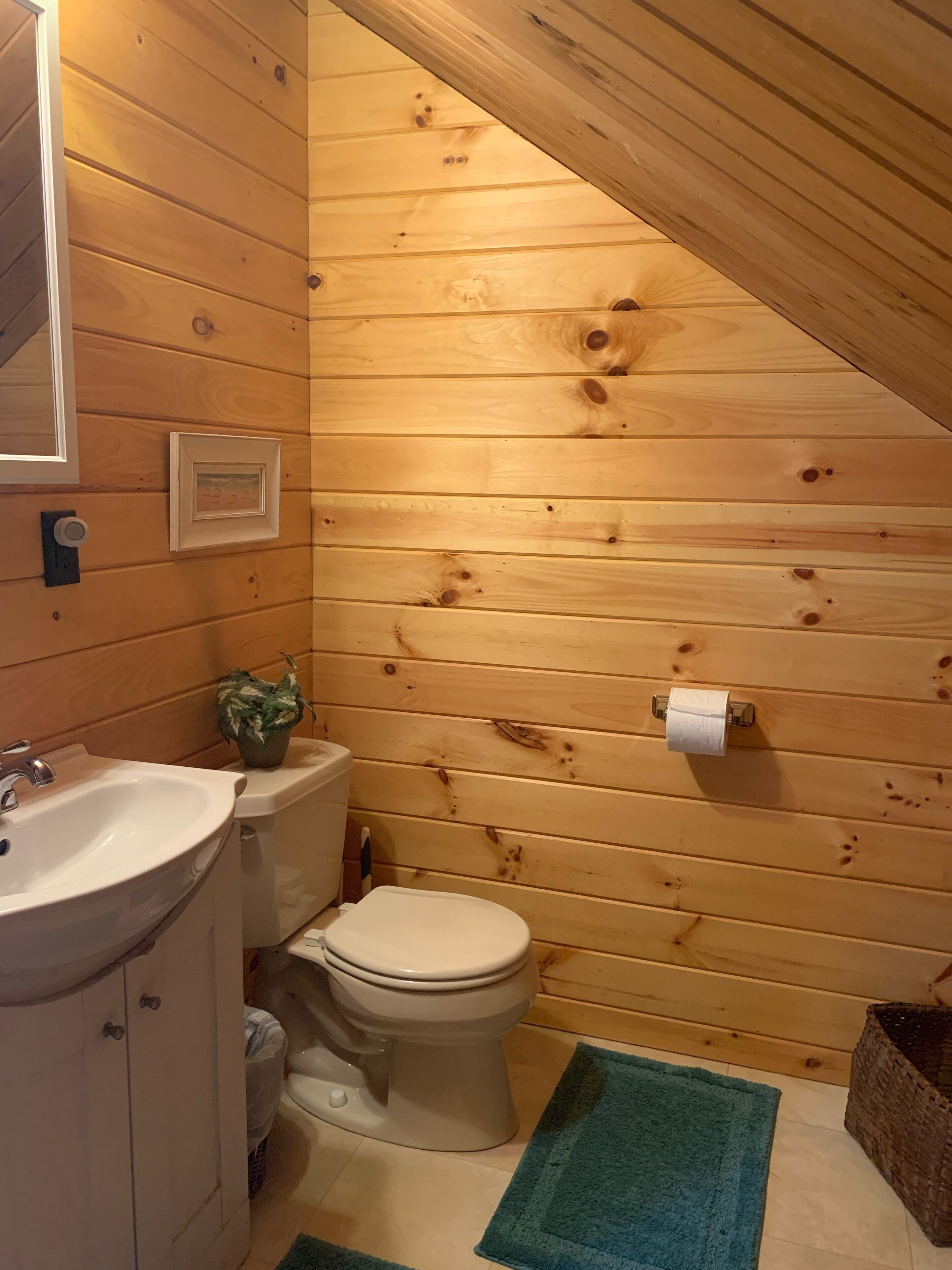A small, wooden-paneled bathroom with a sink, toilet, and framed picture on the wall.