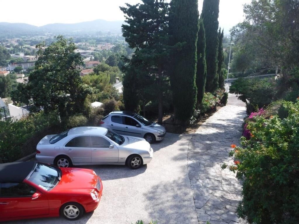 A parking area with cars parked along a stone pathway surrounded by greenery and trees.
