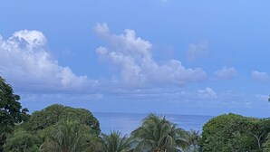 A clear sky with a visible moon, a calm sea, and lush greenery. - In the heart of West End, Roatan - Mariposa Lodge - Unit 2 (West End)