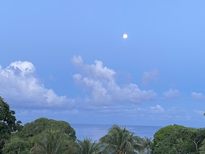 A clear sky with a visible moon and a calm sea.