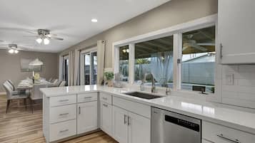 A modern kitchen with white cabinetry, a stainless steel dishwasher, and a large window offering a view of the outdoors.