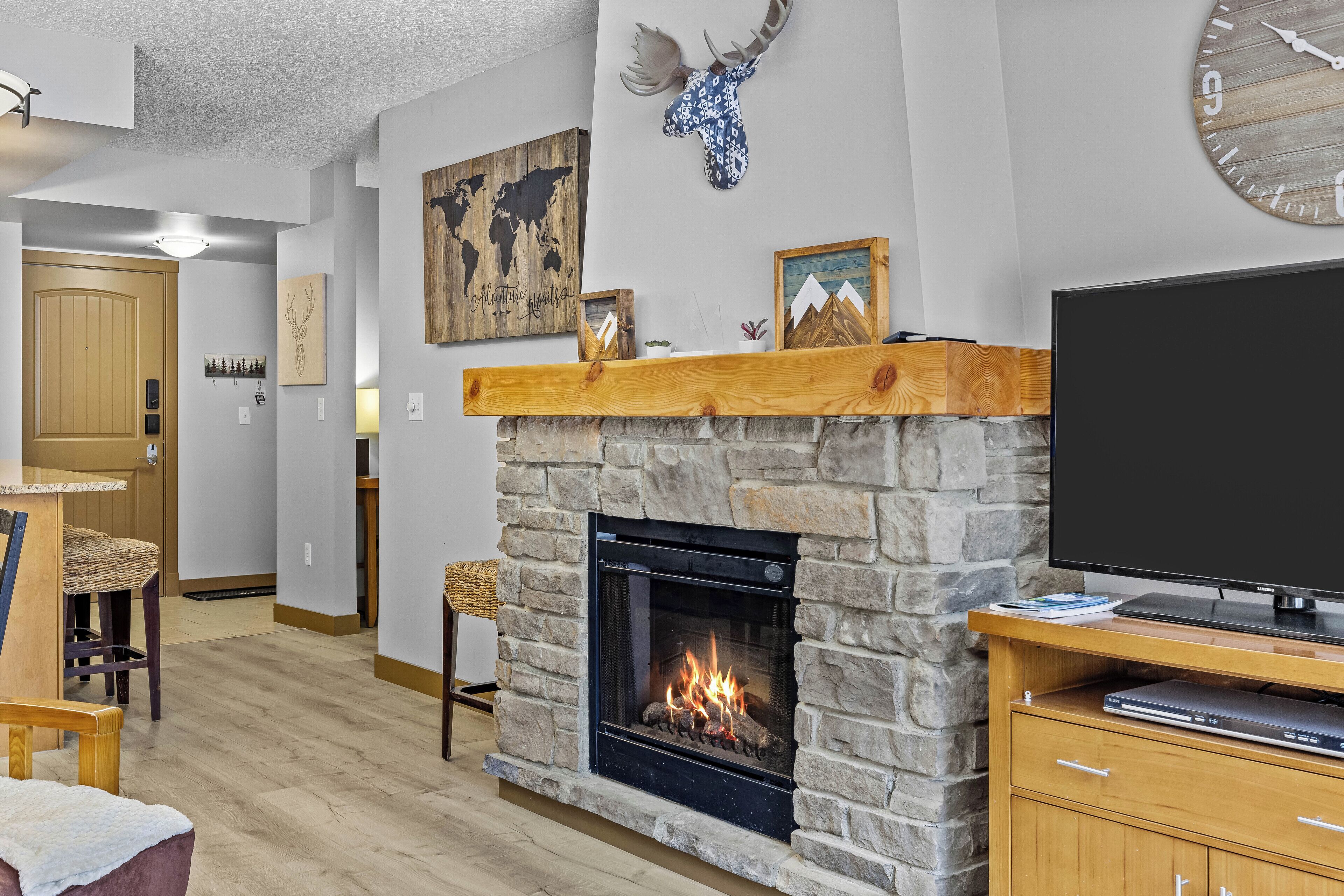 Televisión, chimenea y reproductor de DVD 