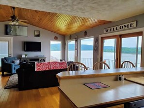 Smart TV, fireplace, books