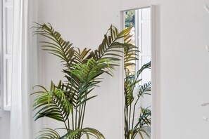 Una habitación con paredes blancas, una planta grande en maceta y una puerta que da a un espacio al aire libre.