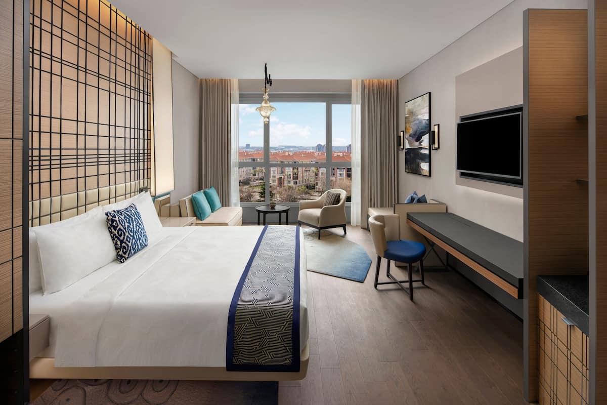 Habitación de hotel con una cama grande, un escritorio, una silla, un televisor y vistas a la ciudad.