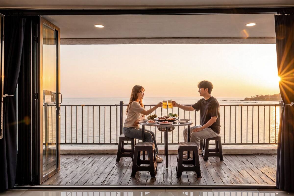 A balcony with a table and chairs, overlooking a body of water.