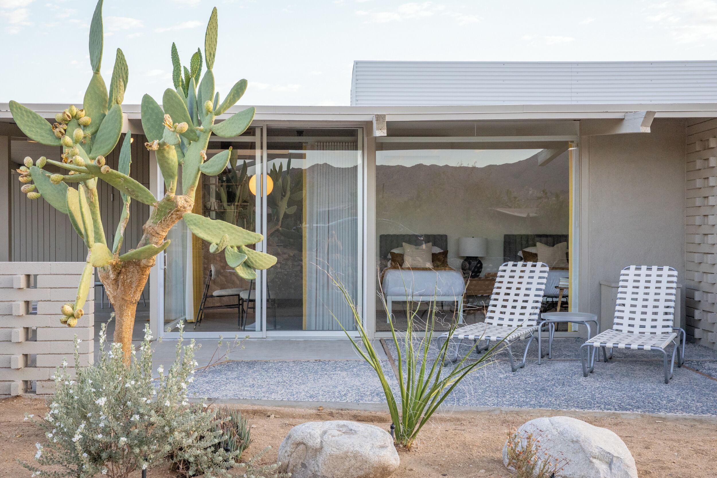 Et moderne hus med en terrasse, to stole, en kaktus og en klippehave.