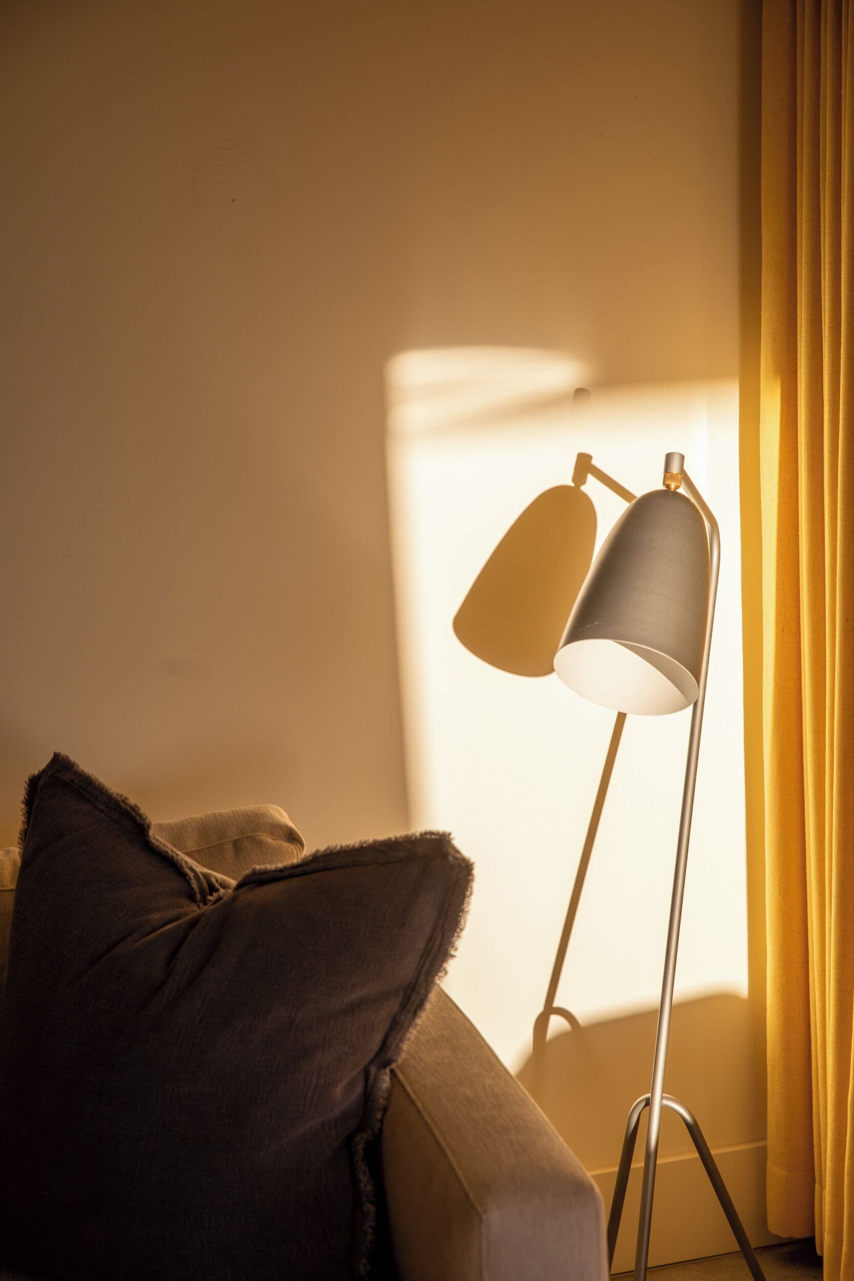 A room with a sofa, a floor lamp, and a curtain.