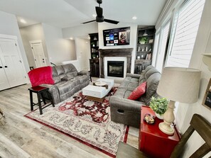 Smart TV, fireplace, table tennis, books