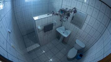 Shower, towels, soap, toilet paper