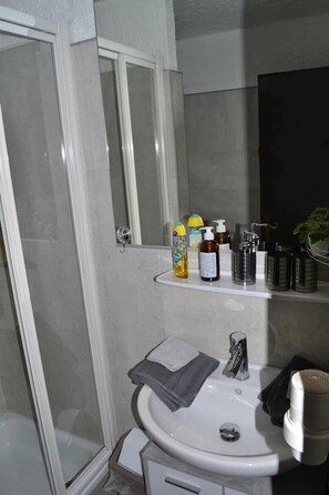 Shower, hair dryer, towels