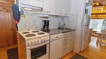 Fridge, microwave, dishwasher, cookware/dishes/utensils