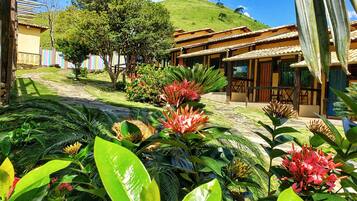 Un patio con plantas tropicales, un sendero y edificios tradicionales con tejados de tejas.