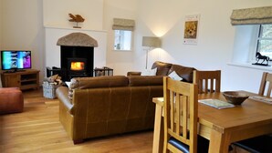 A cozy living room with a fireplace, a television, a dining table with chairs, and a sofa.