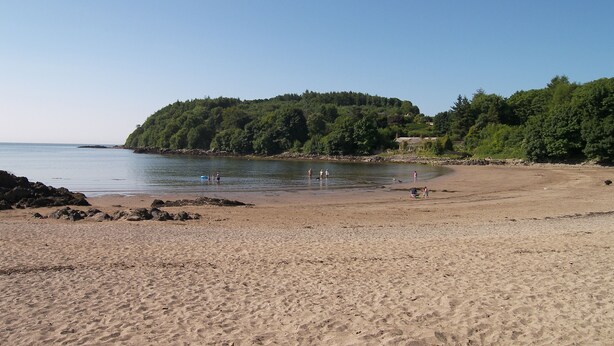 A sandy beach with a forested hill in the background.