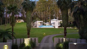 A modern house with a swimming pool, surrounded by lush greenery and palm trees. - Colenso Luxury Home, Perfect for Friends & Family (Erina)
