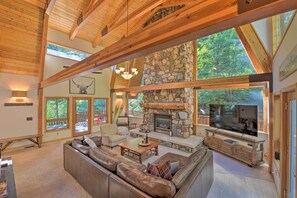 TV, fireplace, books