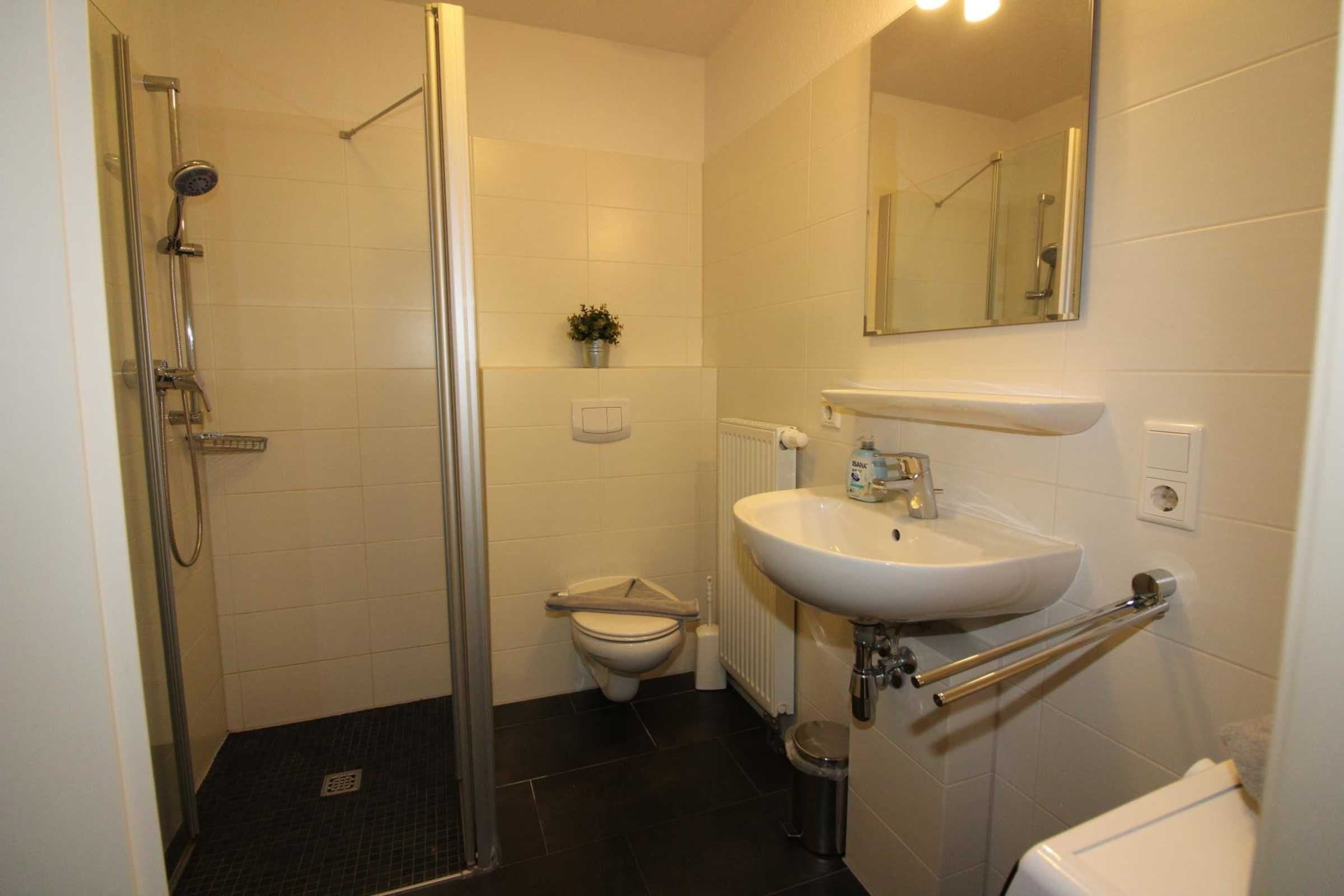 Une salle de bain équipée d’une douche, de toilettes, d’un lavabo et d’un miroir.