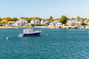 A marina with boats, waterfront houses, and a clear view of the water.