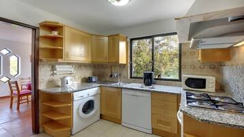 A compact kitchen with a washing machine, dishwasher, microwave, and stove.
