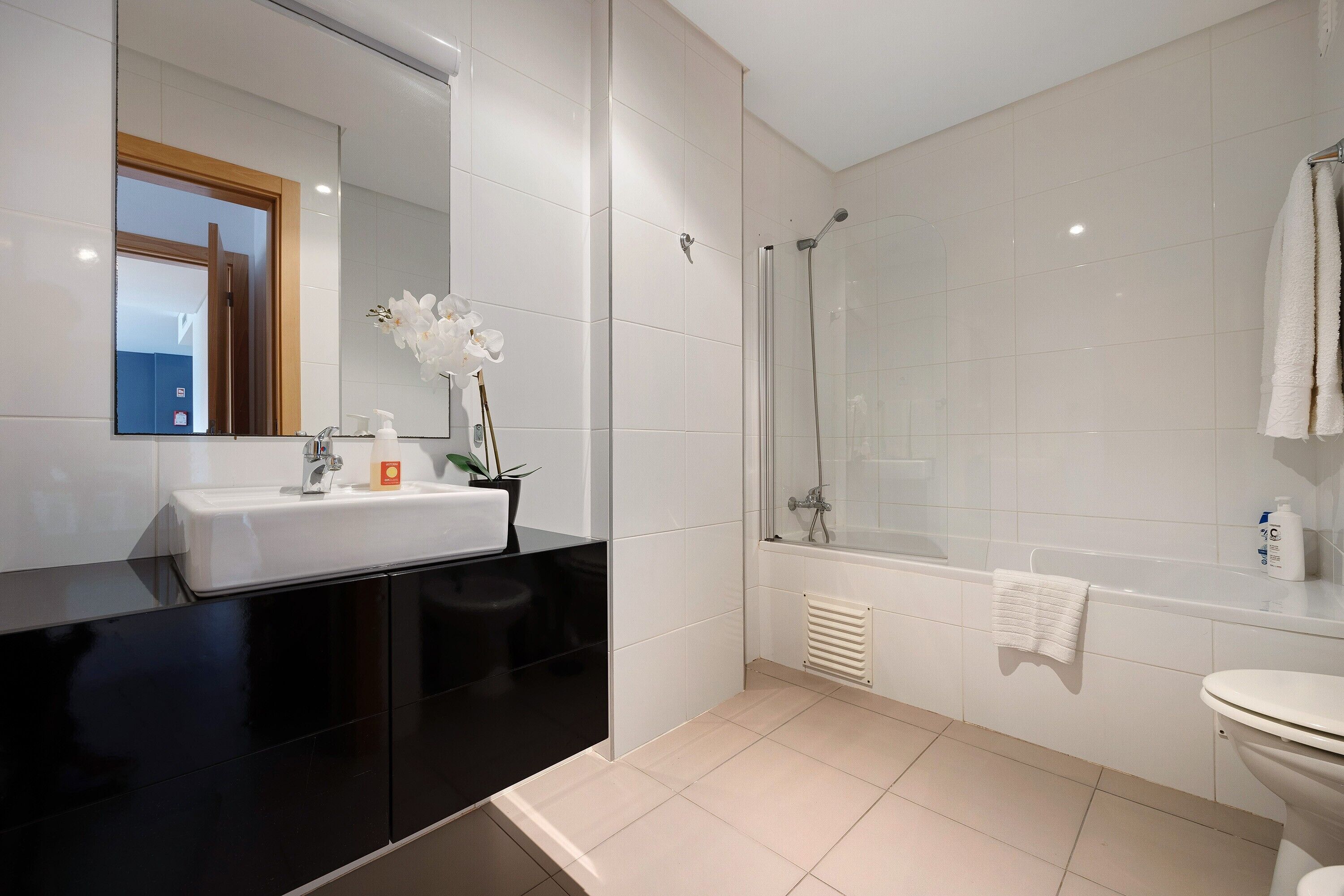 Bathtub, hair dryer, towels