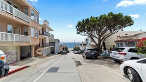 Une rue côtière bordée d’immeubles à plusieurs étages, de voitures garées et d’un grand arbre.