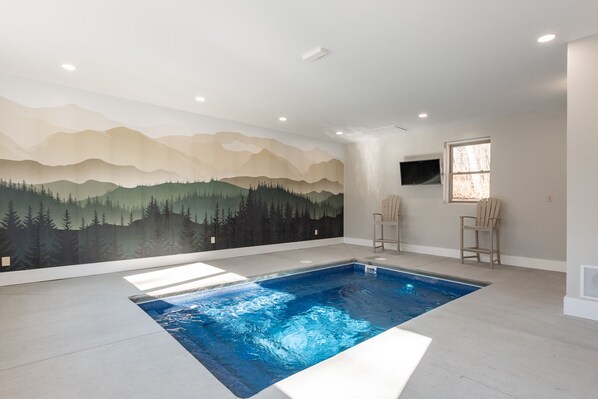 Una piscina con un mural de montañas, dos sillas y un televisor en la pared.