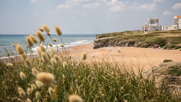 Une plage côtière avec un rivage sablonneux, des dunes herbeuses et des bâtiments en arrière-plan.