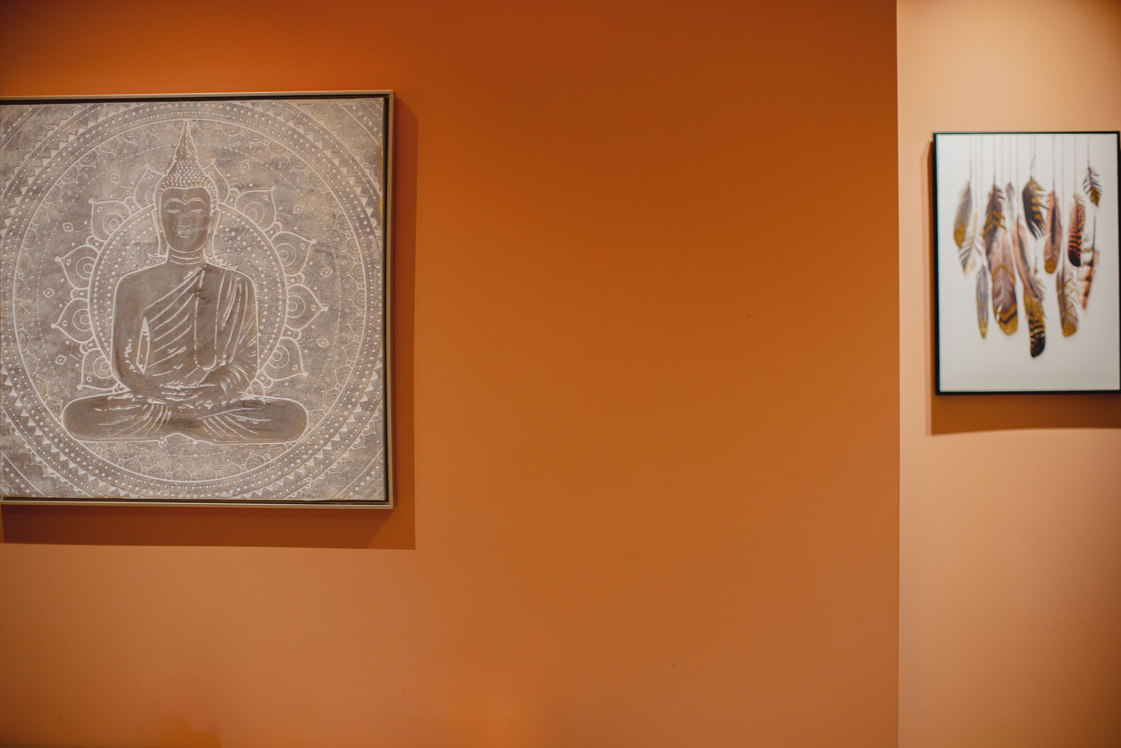 A framed artwork of a meditating figure on a wall.