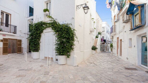 A narrow cobblestone street with white buildings, a white door, and potted plants. - GuestHost - NEW! Apt in the heart of Monopoli! 200m from sea! (Monopoli)