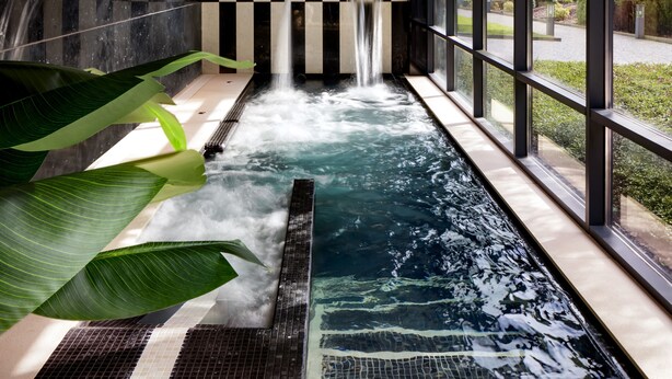 A spa area with a hot tub, black and white checkered walls, and large windows overlooking a garden.