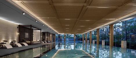 Indoor pool, seasonal outdoor pool, pool umbrellas