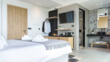 Un dormitorio moderno con cama, puerta de madera, televisor, baño con lavabo y espejo, y una planta pequeña.