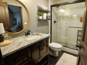 A bathroom with a marble countertop, a sink, a toilet, a shower with glass doors, and a mirror. - Incredible View! Completely Remodeled! Heated Pool! 2 Miles to Purgatory! (Durango)