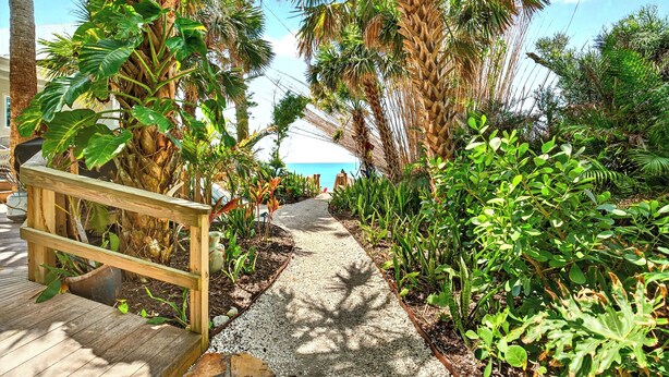 A wooden deck with a pathway surrounded by lush tropical plants and palm trees. - Waterfront-20 Steps to Private Beach-1+ BR-Pets OK-Kayaks-SUPs-Best Sharkteeth (Englewood)