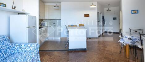 A spacious living area with a kitchen, a dining table, and a patterned sofa.