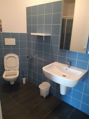 Een douche, een haardroger, een bidet, handdoeken