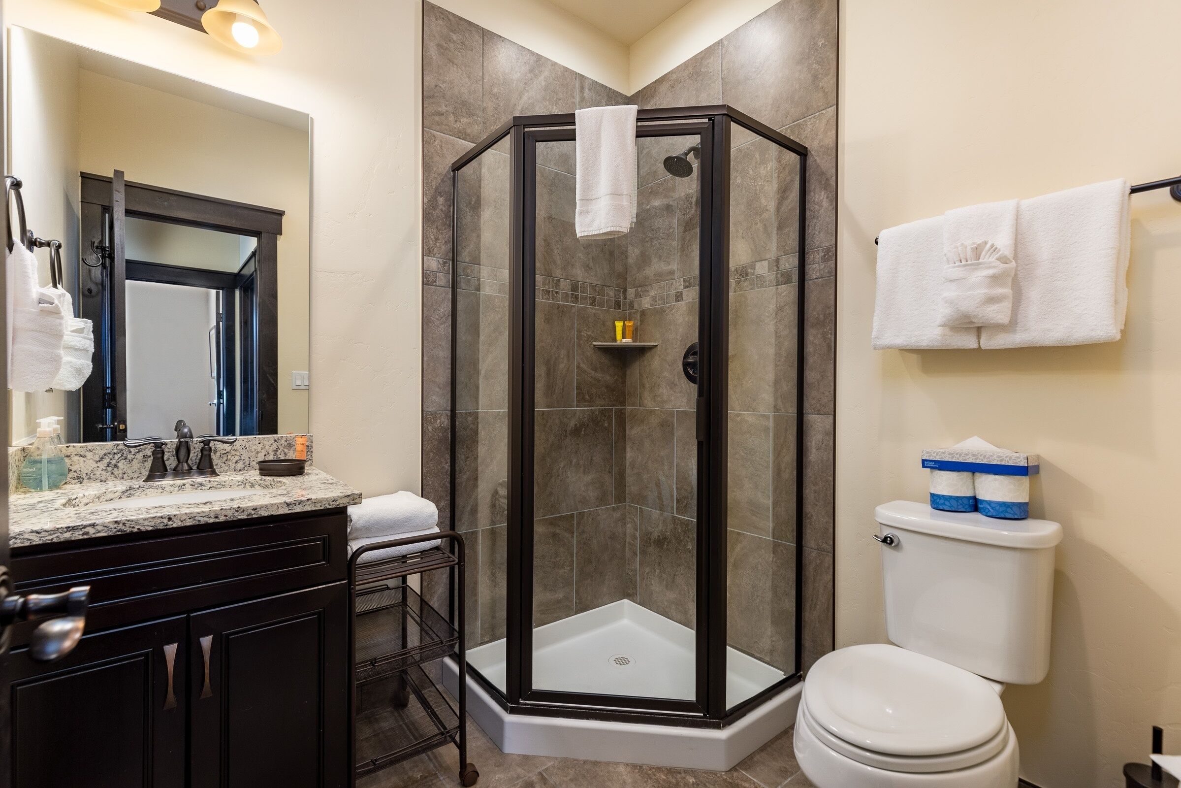 A modern bathroom with a glass-enclosed shower, a white toilet, and a dark wooden vanity.