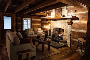 Smart TV, fireplace, books