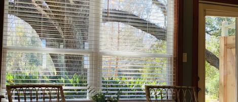 A room with two wicker chairs, a small table with a plant and books, and a large window with blinds.